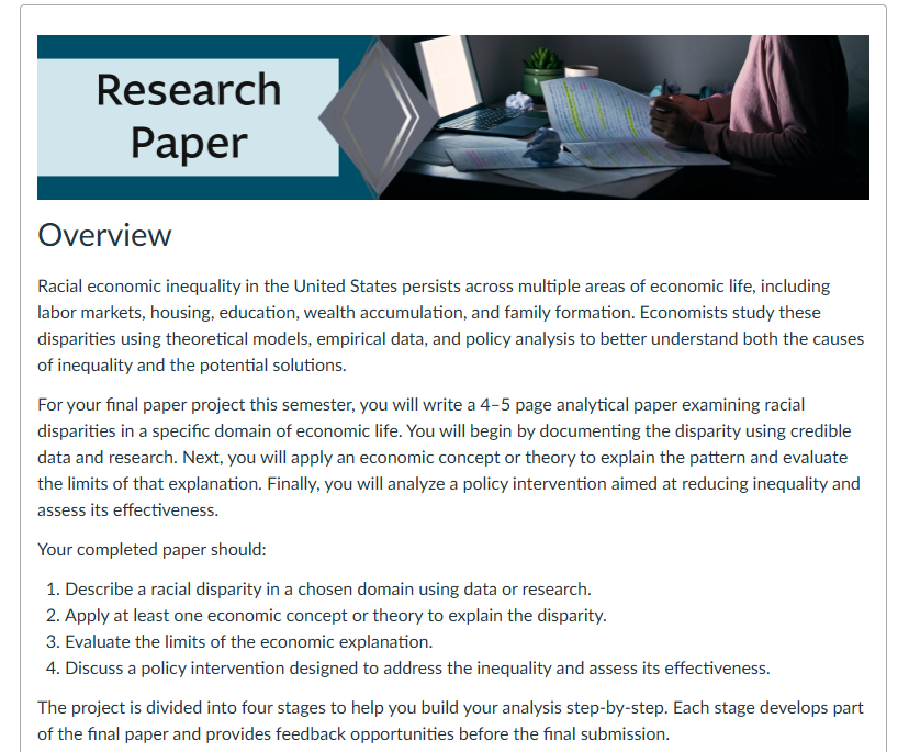 The overview page from the course explaining that there are 4 major pieces to the final research paper. 