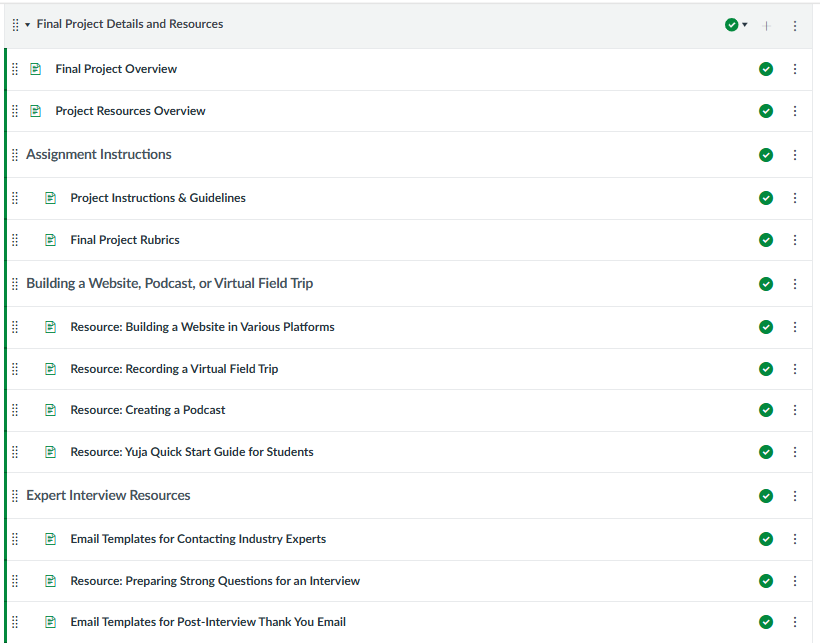 A list of "Final Project Details and Resources" in a Canvas course module, displaying various links for project overviews and assignment guidelines, all marked with green completion checkmarks.