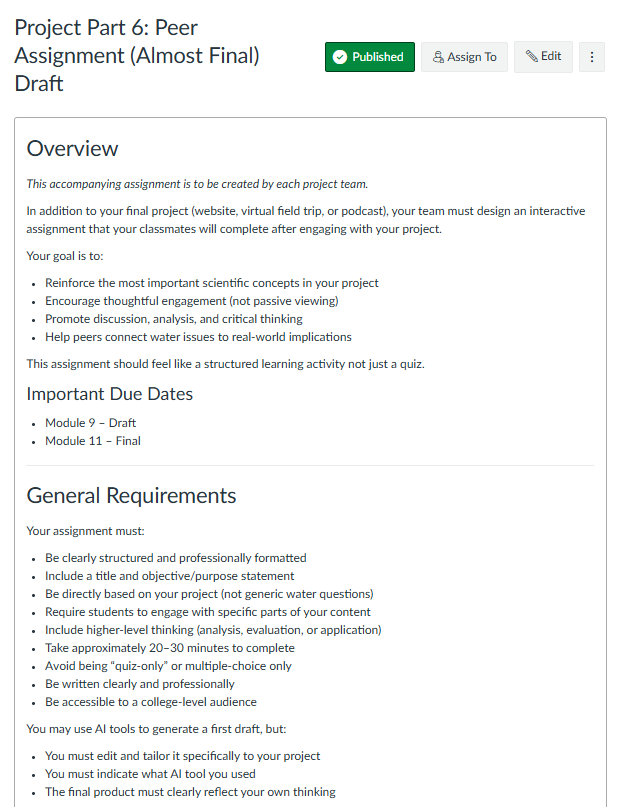 A list of "Final Project Details and Resources" in a Canvas course module, displaying various links for project overviews and assignment guidelines, all marked with green completion checkmarks.