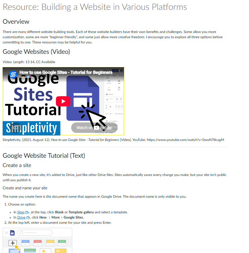 A YouTube video thumbnail titled "How to use Google Sites - Tutorial for Beginners," featuring the Simpletivity logo and a red play button.