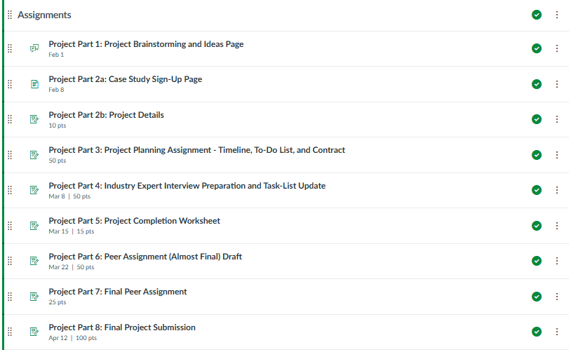 A list of course assignments in Canvas, titled "Assignments," listing project parts 1 through 8 with associated dates, point values, and completion indicators.