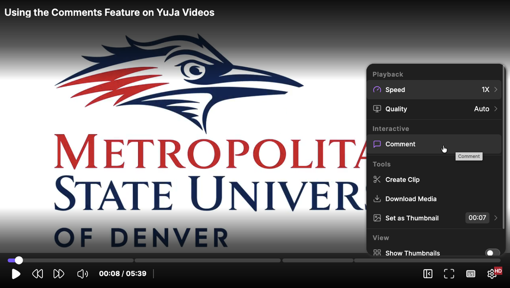 A YuJa Video showing the Settings options from the video player with the cursor on Comment.