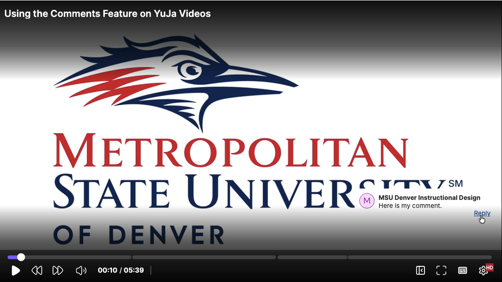 A YuJa Video with a pop-up comment in the bottom right of the video player.