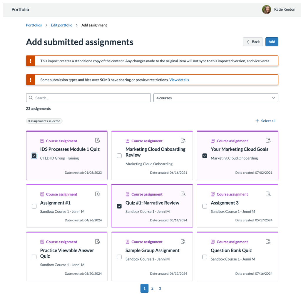 The Add submitted assignment window with three assignments selected, each from a different course.