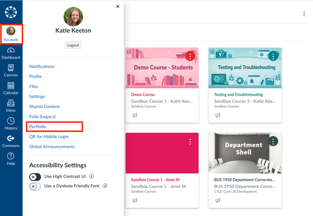 The Canvas Dashboard with Account selected from the Global Navigation Menu, and a red box around Portfolio in the account menu.
