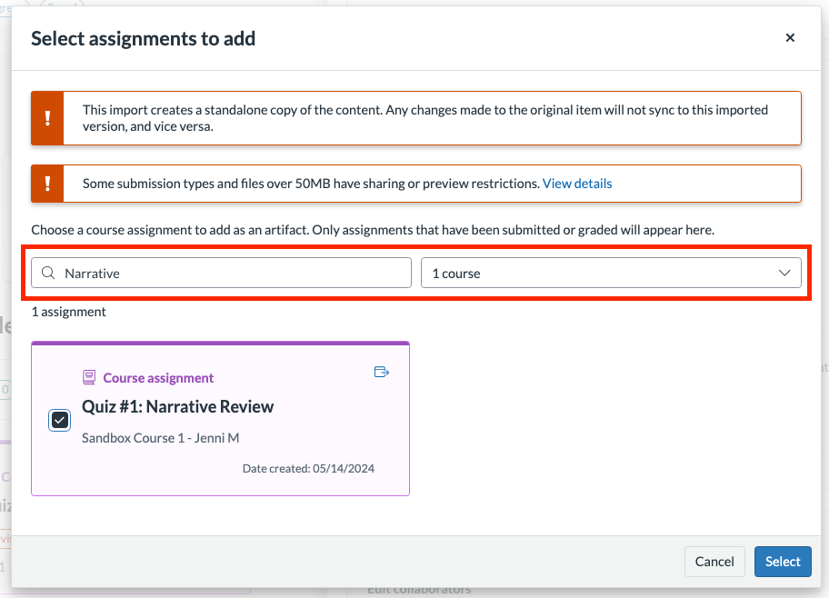 The Select assignment to add window with a red box around the search bar and the course drop-down menu.