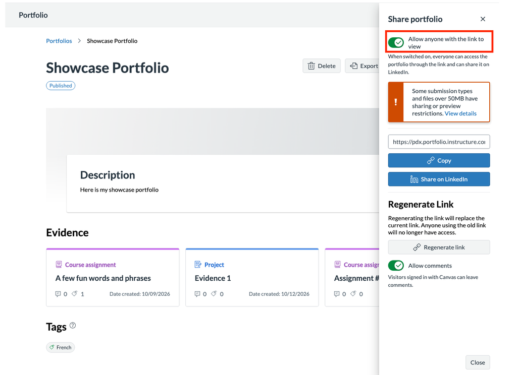 Showcase Portfolio with the Share panel open with a red square around the green toggle next to "Allow anyone with the link to view."
